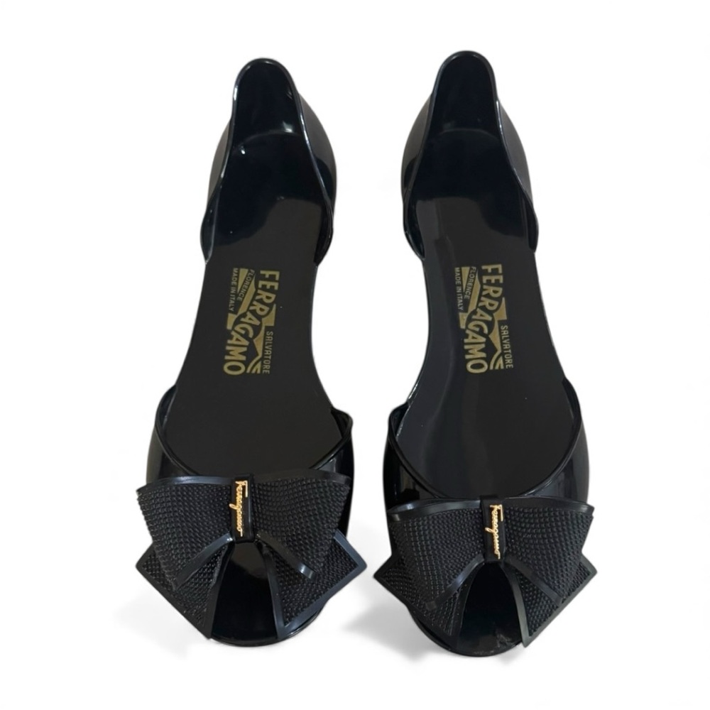 Salvatore Ferragamo Barbados Black Jelly Bow Ballet Flats Shoes 8 Holiday Ready